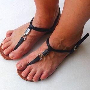 COACH CHARLEEN Black Leather Sandals with Silver Accents
